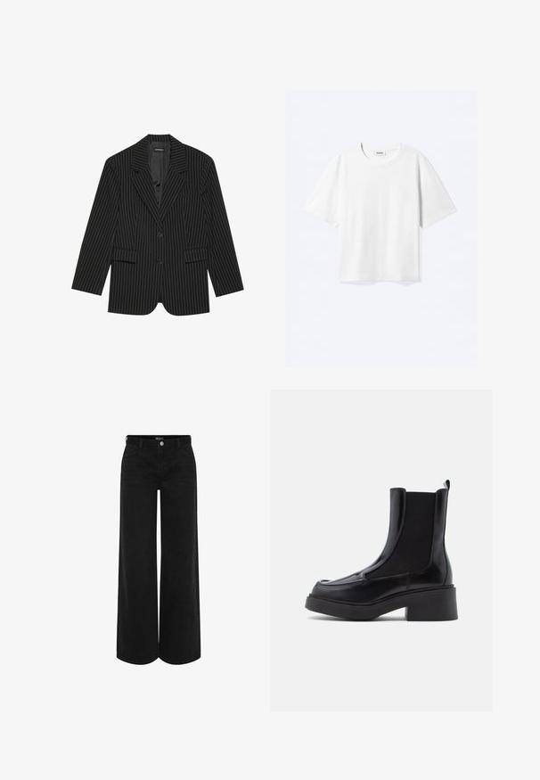 Blazer negro a rayas con solapa de muesca, cierre de un solo botón, dos bolsillos frontales y un ajuste ligeramente oversize. Tejido suave y ajustado.; Camiseta blanca de manga corta con cuello redondo y dobladillo recto, con etiqueta de la marca "WEEKDAY" dentro del escote.; Pantalones de mezclilla negros de pierna ancha con cintura alta, que cuentan con un cierre frontal con botón, dos bolsillos laterales y un diseño clásico de cinco bolsillos.; Botas Chelsea negras con tacón grueso, cuentan con una parte superior de cuero brillante y paneles laterales elásticos para facilitar su uso. Suela de goma sólida.
