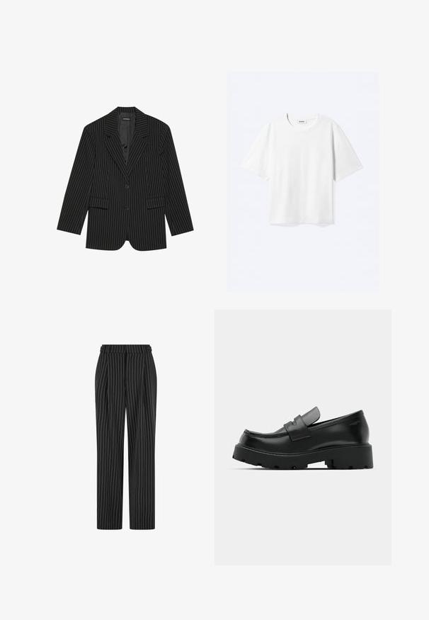 Zwarte pinstripe blazer met een notch-lapel, enkele knoopsluiting, twee voorzakken en een licht oversized pasvorm. Glad, op maat gemaakt stof.; Witte T-shirt met korte mouwen en een ronde hals met rechte zoom, met een "WEEKDAY" merklabel aan de binnenkant van de hals.; Zwarte gestreepte broek met een hoge taille, geplooide voorkant en een recht, slim-fit ontwerp. De stof lijkt gestructureerd en is op maat gemaakt voor een formele uitstraling.; Zwarte leren instappers met een chunky, gestructureerde zool, voorzien van een band over de voet en een gladde, gepolijste afwerking.