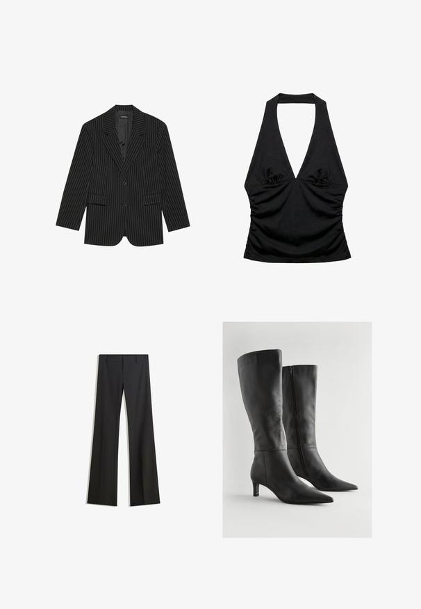 Sort blazer med nålestriber, med slået revers, enkelt knaplukning, to frontlommer og en let oversized pasform. Glat, skræddersyet stof.; Sort halterneck-top med dyb V-udskæring og rynkede sider, designet til et tætsiddende og stilfuldt look.; Sorte, flarede bukser med en glat tekstur, der har en skræddersyet pasform og en talje. Ingen synlige mønstre eller udsmykninger.; Sorte læderstøvler, der går op til knæet, har en spids tå, en lav blokhæl og en lynlås i siden. Overfladen har en glat tekstur med minimalt detaljer.