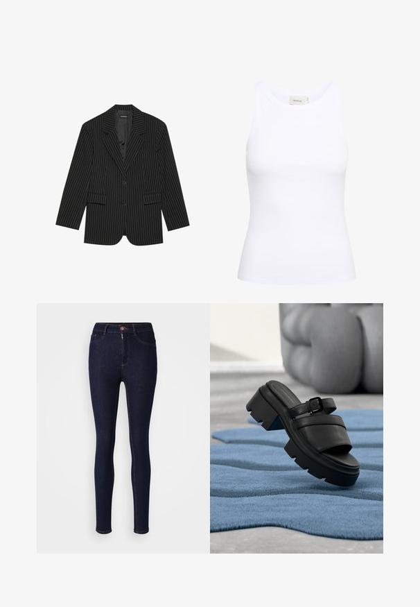 Sort blazer med nålestriber, med slået revers, enkelt knaplukning, to frontlommer og en let oversized pasform. Glat, skræddersyet stof.; Hvid ribbet tanktop med rund halsudskæring og uden ærmer. Strækbart stof og tætsiddende design. Etiketten bagpå viser "GESTUZ."; Mørkeblå skinny jeans lavet af denim, med lynlås og knaplukning, samt kontraststing langs sømmene.; Sort sandal med chunky hæl og spænde, der svæver over et tekstureret blåt tæppe, med slørede bøjede ben i baggrunden.