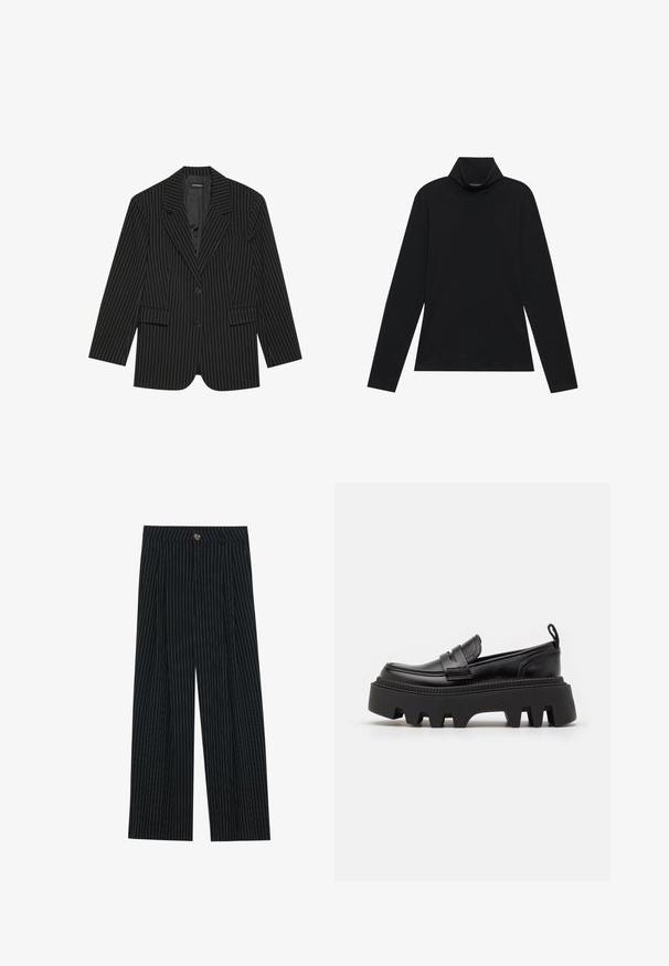 Sort blazer med nålestriber, med slået revers, enkelt knaplukning, to frontlommer og en let oversized pasform. Glat, skræddersyet stof.; Sort turtleneck med lange ærmer. Blødt stof, tætsiddende design, høj krave og sidesøm. Simpel og alsidig stil, der er velegnet til lag-på-lag.; Sorte, stribede bukser med vidde, lavet af tekstureret stof. De har en frontlukning med knap og folder for ekstra interesse.; Sorte læder loafers med en kraftig sort gummisål, der har skridsikre riller og et dekorativt bånd over forsiden.