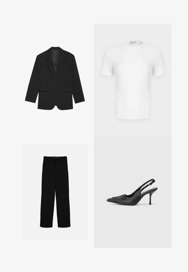 Blazer negro a rayas con solapa de muesca, cierre de un solo botón, dos bolsillos frontales y un ajuste ligeramente oversize. Tejido suave y ajustado.; Camiseta blanca de manga corta con cuello redondo acanalado, corte ajustado y una pequeña etiqueta de la marca en el interior del cuello.; Pantalones negros de corte recto con trabillas, cremallera frontal y bolsillos laterales, colocados planos sobre un fondo claro.; Sandal de tacón stiletto negro de cuero con punta afilada, correa lateral con hebilla, tachuelas a lo largo del borde y cordones decorativos en la parte delantera.