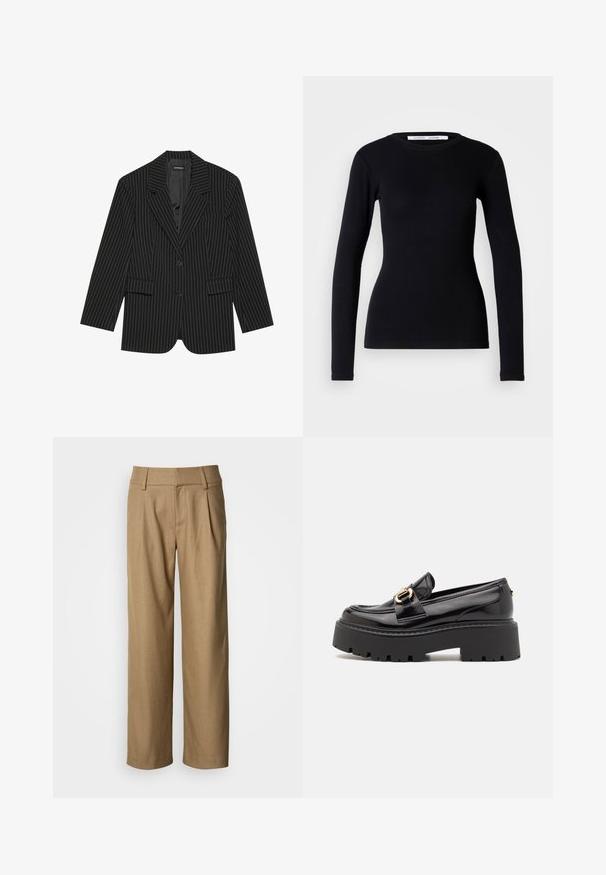 Blazer noir à rayures avec un col cranté, fermeture à un bouton, deux poches avant et une coupe légèrement oversize. Tissu lisse et ajusté.; Haut noir à manches longues en tissu côtelé. Doté d'un col rond et d'une coupe ajustée. Sans motifs ni ornements. Design simple.; Pantalon marron à jambes larges avec un tissu texturé, présentant des plis sur le devant et une ceinture classique. Coupe droite avec une coupe ample.; Steve Madden OCCUPY - Chaussons - black
