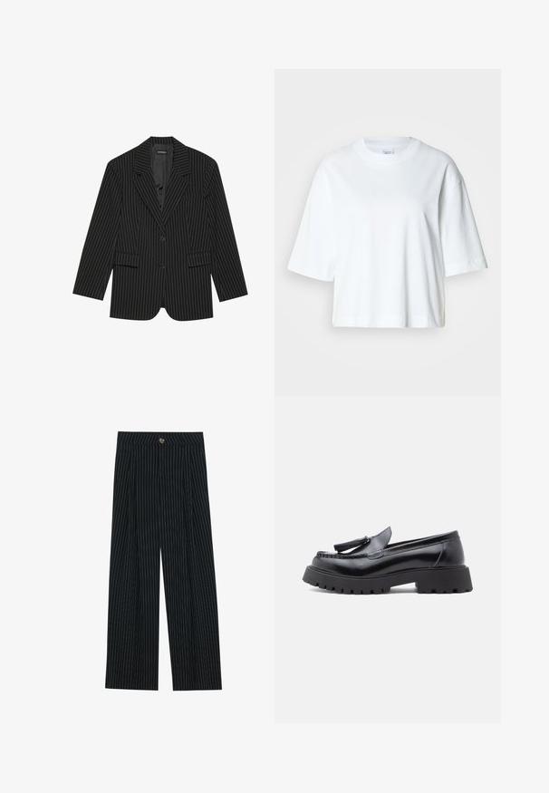 Blazer negro a rayas con solapa de muesca, cierre de un solo botón, dos bolsillos frontales y un ajuste ligeramente oversize. Tejido suave y ajustado.; Camiseta blanca corta con mangas cortas, escote redondo, hecha de material de algodón suave, con un diseño simple y limpio.; Pantalones de pierna ancha a rayas negras, fabricados con una tela texturizada, que cuentan con un cierre frontal de botón y un diseño plisado para mayor interés.; Mocasines de cuero negro con diseño cónico, adorno de borlas y suela gruesa de goma con patrón de tacos para mayor tracción.