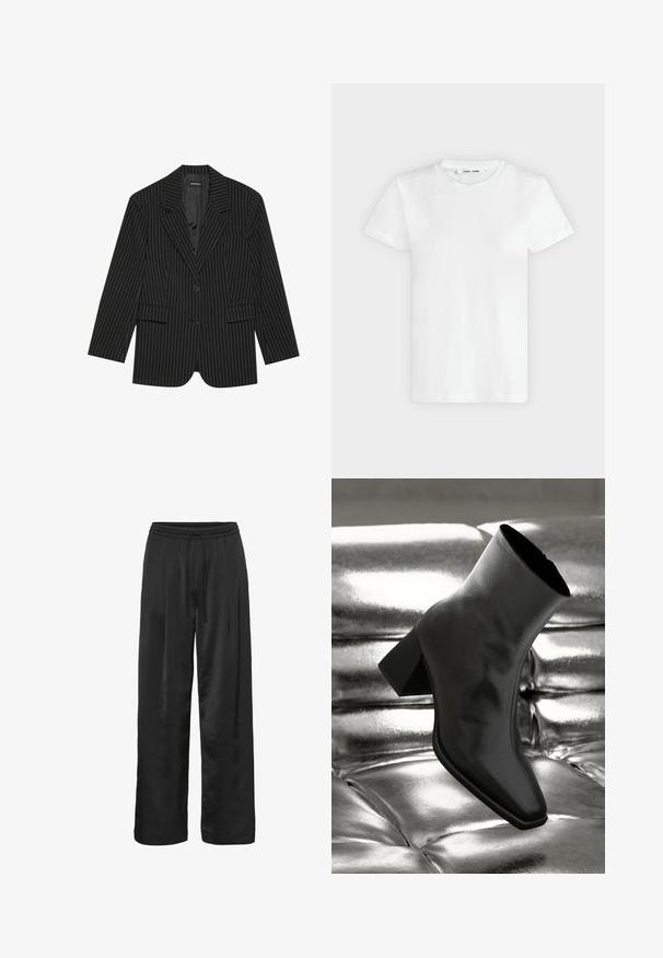 Blazer negro a rayas con solapa de muesca, cierre de un solo botón, dos bolsillos frontales y un ajuste ligeramente oversize. Tejido suave y ajustado.; Camiseta blanca lisa de manga corta y cuello redondo, colocada plana sobre un fondo gris claro, mostrando la parte delantera con etiqueta dentro del escote.; Pantalones de pierna ancha negros, hechos de una tela suave y brillante. Cuentan con una cinturilla elástica con cordón para un ajuste ajustable.; Botín negro de tobillo hecho de material brillante, con punta cuadrada y tacón cónico, contra un fondo plateado brillante con almohadillado.