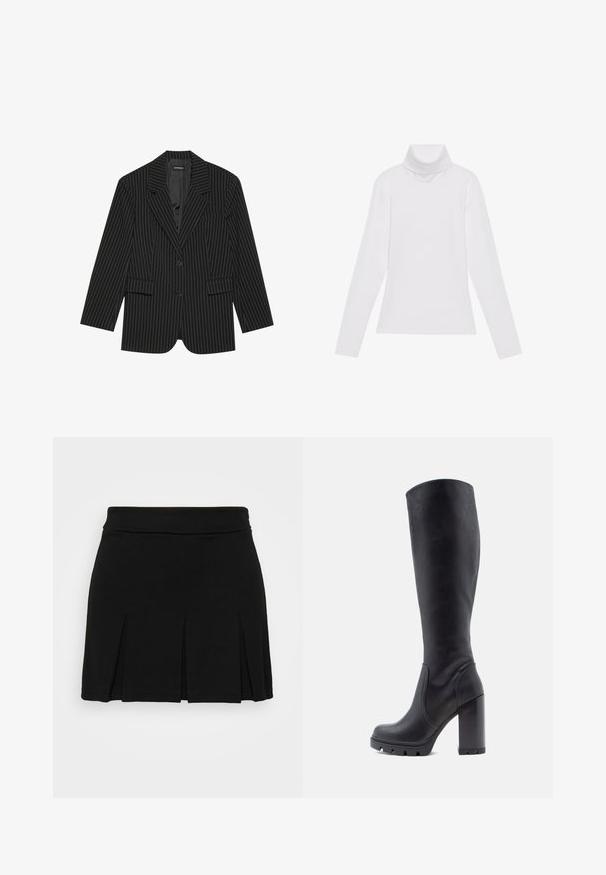 Blazer noir à rayures avec un col cranté, fermeture à un bouton, deux poches avant et une coupe légèrement oversize. Tissu lisse et ajusté.; Haut à col roulé à manches longues blanc, fabriqué en tissu lisse et extensible. Il présente un col haut et une coupe ajustée, sans motifs ni embellissements visibles.; Even&Odd Minijupe - black; Botte noire montante, en cuir lisse, avec un talon épais, un bout rond, une semelle texturée avec adhérence, au design élégant sans embellissements.