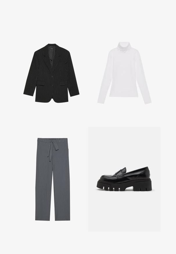 Blazer negro a rayas con solapa de muesca, cierre de un solo botón, dos bolsillos frontales y un ajuste ligeramente oversize. Tejido suave y ajustado.; Top blanco de manga larga y cuello alto, confeccionado en una tela suave y elástica. Presenta un diseño ajustado, sin patrones o adornos visibles.; Pantalones gris a rayas con una cinturilla elástica, detalle de lazo y corte suelto. Fabricados con una tela suave, presentan rayas verticales.; Mocasines de cuero negro con una suela de plataforma gruesa y texturizada, y una correa decorativa en la parte superior. Acabado liso y brillante.