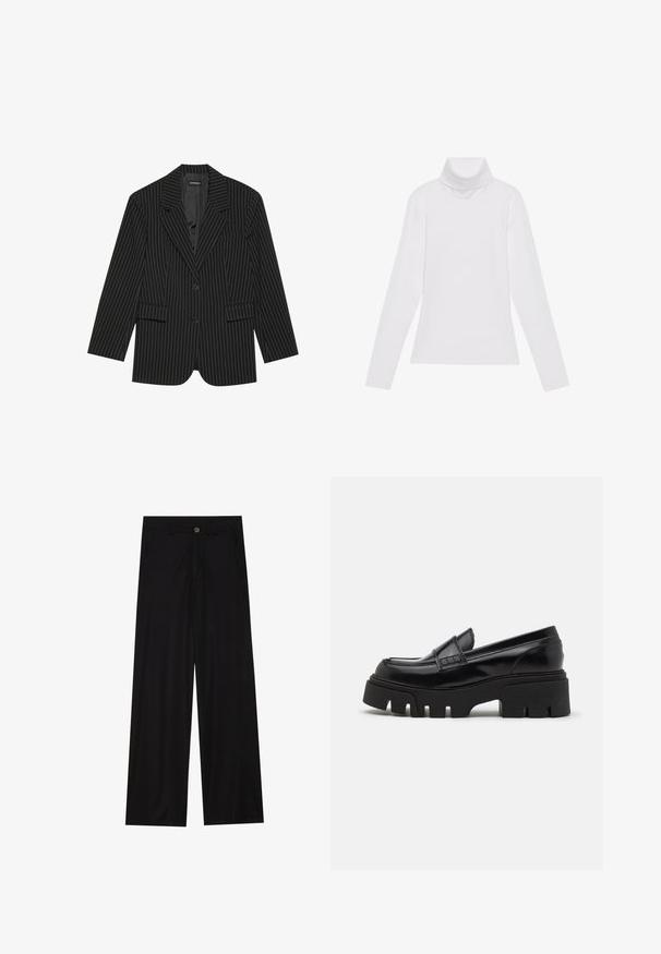 Blazer negro a rayas con solapa de muesca, cierre de un solo botón, dos bolsillos frontales y un ajuste ligeramente oversize. Tejido suave y ajustado.; Top blanco de manga larga y cuello alto, confeccionado en una tela suave y elástica. Presenta un diseño ajustado, sin patrones o adornos visibles.; Pantalones negros de pierna ancha hechos de una tela suave, con bolsillos delanteros y cierre de botón en la cintura. Diseño minimalista sin patrones.; Mocasines de cuero negro con una suela de plataforma gruesa y texturizada, y una correa decorativa en la parte superior. Acabado liso y brillante.