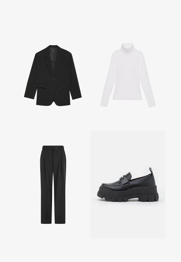 Schwarze Steppjacke mit Reverskragen, Ein-Knopf-Verschluss, zwei vorderen Taschen und einem leicht übergroßen Schnitt. Glattes, maßgeschneidertes Material.; Weißes Langarm-Turtleneck-Oberteil aus glattem, elastischem Stoff. Mit hohem Kragen und tailliertem Schnitt, ohne sichtbare Muster oder Verzierungen.; Schwarze Nadelstreifenhose mit hoher Taille, gefaltetem Vorderteil und geradem Bein. Der Stoff wirkt strukturiert und ist maßgeschneidert für einen formellen Look.; Schwarzer Lederloafer mit dicker profilstarker Sohle, Mokassinnaht vorne, Riemendetail oben und Zuglasche an der Ferse, seitlich gezeigt.