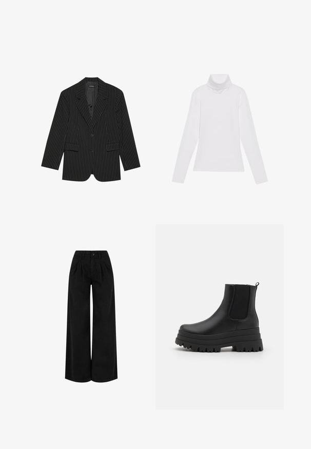Blazer noir à rayures avec un col cranté, fermeture à un bouton, deux poches avant et une coupe légèrement oversize. Tissu lisse et ajusté.; Haut à col roulé à manches longues blanc, fabriqué en tissu lisse et extensible. Il présente un col haut et une coupe ajustée, sans motifs ni embellissements visibles.; Pantalon noir taille haute à jambes larges avec plis devant, fermeture à boutons et passants pour ceinture, présenté sur fond blanc.; Bottes Chelsea noires avec une semelle épaisse, tige en cuir lisse, panneaux latéraux élastiques et une languette pour un enfilage facile.