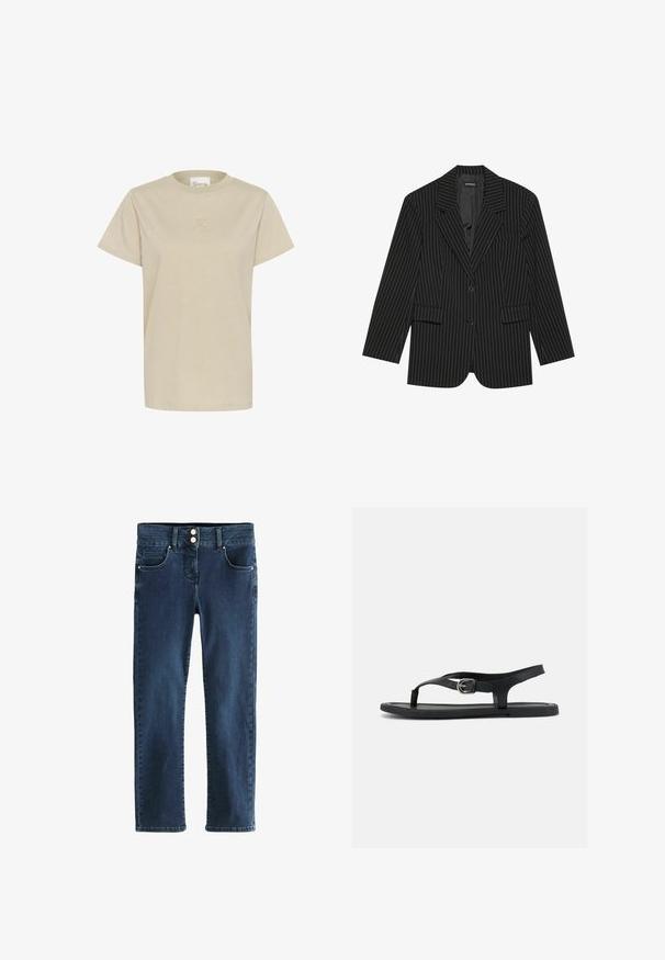 Zwarte pinstripe blazer met een notch-lapel, enkele knoopsluiting, twee voorzakken en een licht oversized pasvorm. Glad, op maat gemaakt stof.; Lichtbeige T-shirt met korte mouwen van zachte stof, met een ronde hals en een subtiel gebosst logo op de borst.; Donkerblauwe spijkerbroek met een rechte pasvorm, voorzien van twee voorzakken, decoratieve stiksels en een ritssluiting met twee knopen.; Zwarte platte sandaal met enkelriempje, teenstuk en zilveren gesp op een gladde zool, zijaanzicht op witte achtergrond.