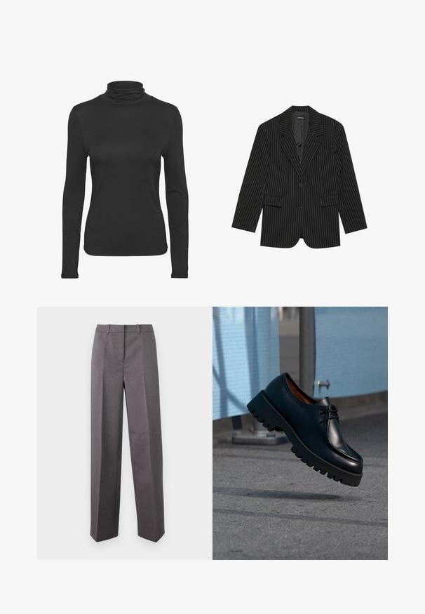 Blazer negro a rayas con solapa de muesca, cierre de un solo botón, dos bolsillos frontales y un ajuste ligeramente oversize. Tejido suave y ajustado.; Camiseta negra de manga larga y cuello alto, hecha de un tejido suave y elástico. Presenta un diseño ajustado y un clásico cuello alto.; Pantalones grises a medida hechos de tela texturizada, con un diseño de pierna recta, frente plano y trabillas para el cinturón.; Zapato de cuero negro con suela gruesa flotando sobre un pavimento gris con barreras azules de construcción al fondo.