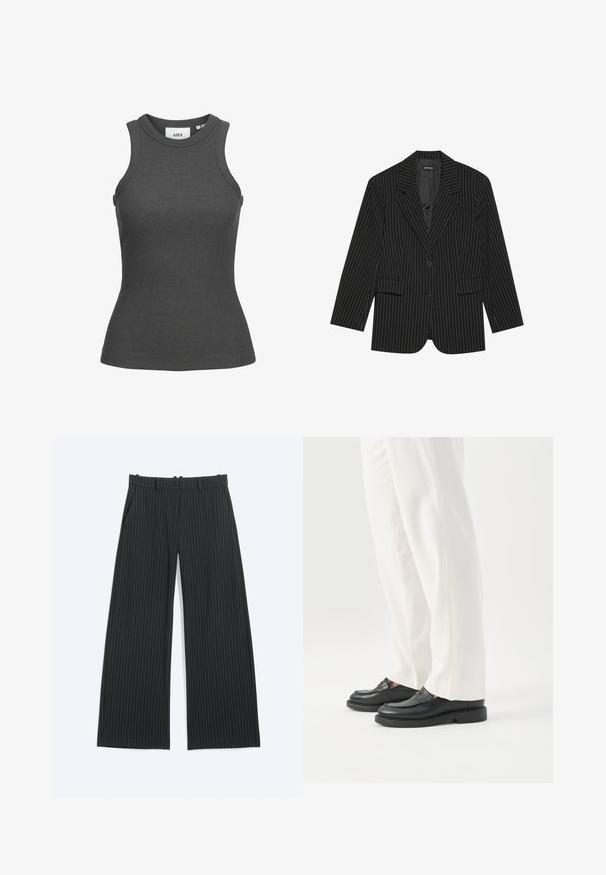 Zwarte pinstripe blazer met een notch-lapel, enkele knoopsluiting, twee voorzakken en een licht oversized pasvorm. Glad, op maat gemaakt stof.; Donkergrijze, mouwloze, geribbelde tanktop met een ronde halslijn en een getailleerde pasvorm, maat small.; Zwarte broek met wijde pijpen en dunne witte krijtstrepen, met riemlussen, voorzakken en een onzichtbare voorsluiting.; Persoon draagt witte op maat gemaakte broek en zwarte leren loafers, staand op een witte achtergrond.