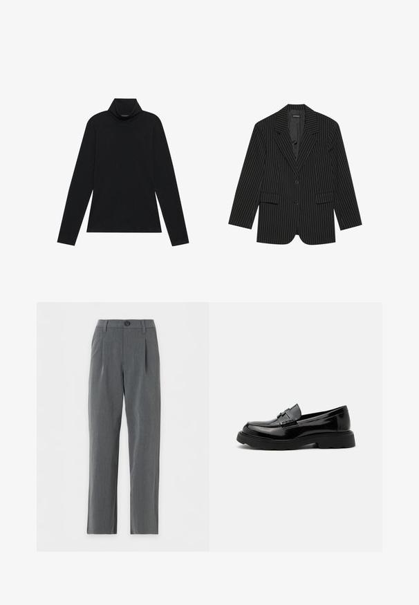 Zwarte pinstripe blazer met een notch-lapel, enkele knoopsluiting, twee voorzakken en een licht oversized pasvorm. Glad, op maat gemaakt stof.; Zwarte langetermijn turtleneck. Zachte stof, getailleerd design, hoge kraag en zijnaad. Eenvoudige en veelzijdige stijl die geschikt is voor het laagjes dragen.; Grijs recht gesneden nette broek met riemlussen, knoopsluiting aan de voorkant en plooien bij de taille op een witte achtergrond.; Zwarte glanzende leren loafer met een stevige zool en een decoratieve band over de bovenkant, geplaatst tegen een effen lichtgrijze achtergrond.