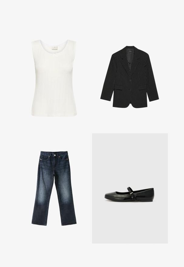 Blazer noir à rayures avec un col cranté, fermeture à un bouton, deux poches avant et une coupe légèrement oversize. Tissu lisse et ajusté.; Top sans manches blanc avec une texture côtelée, un col rond et une délicate bordure en dentelle agrémentée d'un nœud au centre.; Jean bleu foncé à jambes droites avec poches avant, passants de ceinture, fermeture par bouton et légère décoloration aux cuisses et aux genoux.; Ballerines en cuir noir avec un bout arrondi, une semelle plate et une fine sangle ajustable sur le cou-de-pied avec une boucle en métal.