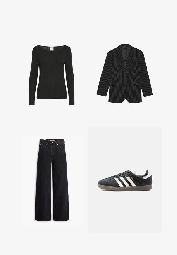 Blazer negro a rayas con solapa de muesca, cierre de un solo botón, dos bolsillos frontales y un ajuste ligeramente oversize. Tejido suave y ajustado.; Top negro de manga larga elaborado en tela acanalada, con un escote amplio en forma de barco y una silueta ajustada que presenta detalles texturizados en el material.; Jeans de pierna ancha negros hechos de denim, con cinco bolsillos, remaches de cobre y un cierre clásico de botón. Textura suave con un diseño limpio.; Zapatilla Adidas Samba negra con franjas blancas, suela de goma y texto dorado "Samba" en el lateral, vista de perfil izquierdo sobre fondo liso.