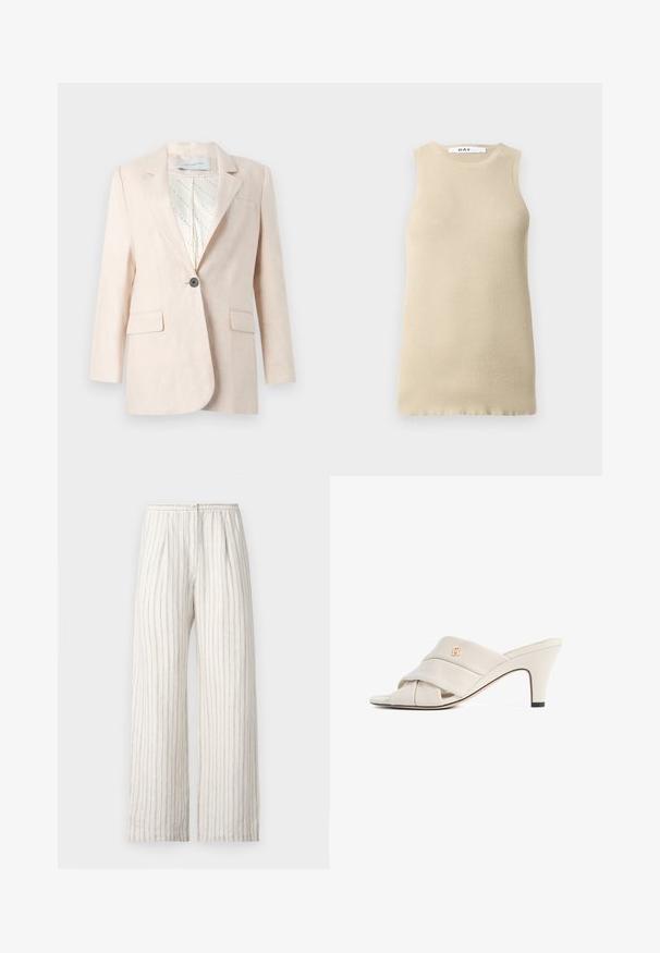 Blazer de lino Beige claro con un solo botón, dos bolsillos frontales y un forro interior estampado. Presenta un diseño de solapa clásica.; Top sin mangas de canalé beige con cuello redondo, que presenta un ajuste ceñido y una textura suave, ideal para superponer o para climas cálidos.; Samsøe Samsøe SATOVE TROUSERS - Pantalones - egret; Mules de tacón alto beige con diseño de tira de cuero torcida, punta abierta y detalle de logotipo en relieve. El tacón tiene un detalle en punta negra.