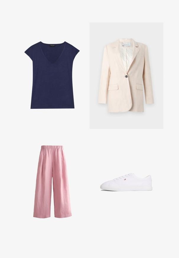 Lichtbeige linnen blazer met een enkele knoop, twee voorzakken en een met patroon afgewerkte binnenvoering. Beschikt over een klassiek revers ontwerp.; Navyblauw kortemouwen top met een V-hals ontwerp. Gemaakt van zachte stof, met een gladde textuur en een nette afwerking van de zoom.; Wijde, hooggetailleerde roze broek met elastische tailleband, gemaakt van een gestructureerde stof, getoond tegen een witte achtergrond.; Witte lage sneaker met vetersluiting en een klein rood-wit-blauw logo aan de zijkant, platte rubberen zool.