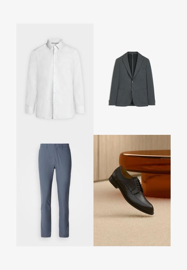 Blazer de hombre de color gris oscuro con solapas con muesca, dos bolsillos delanteros de parche, dos botones y un bolsillo en el pecho, mostrado sobre un fondo blanco.; Camisa blanca de vestir de manga larga con cuello abierto y puños abotonados, mostrada de frente sobre un fondo liso gris claro.; Pantalones elásticos grises con un diseño elegante, que cuentan con un frente plano, bolsillos laterales y un cierre de botón. Textura suave y ajuste entallado.; Zapato de vestir negro de cuero con cordones flotando sobre una alfombra beige, con una mesa redonda naranja al fondo.