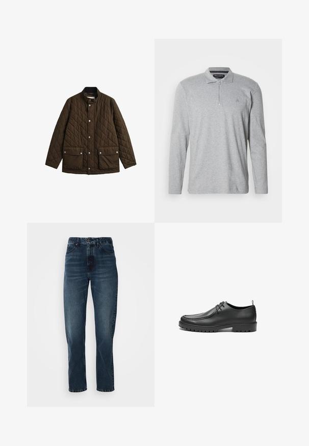 Brun quiltet jakke med knaplukning foran, stående krave og to forlommer med knapklapper.; Grå langærmet poloshirt lavet af blødt stof, med halv lynlås, klassisk krave og et lille logo på brystet.; Mørkeblå lige bukser med frontknap og lynlås, fem-lomme design og subtil fading på lår og knæ.; Sorte lædersko med en glat overflade, rund tå og dekorativ stikning. Har en gummisål med skridsikre spor og snørebåndsdesign.
