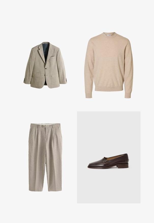 Next REGULAR FIT - SMART TEXTURED - Veste de costume - stone; Pull beige à manches longues et col rond en tissu tricoté doux, avec poignets et ourlet côtelés, conçu pour hommes.; Pantalon beige taille haute à plis, avec fermeture avant par boutons et zip, poches latérales et jambes larges droites.; Mocassins en cuir marron avec un bout légèrement pointu, un petit talon empilé et des coutures décoratives sur le dessus. Texture lisse, design minimaliste.