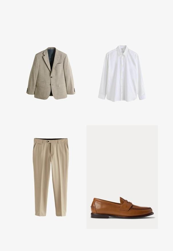 Next REGULAR FIT - SMART TEXTURED - Blejzrové sako - stone; Biela košeľa s dlhým rukávom na gombíky, so špicatým golierom a viditeľnými gombíkmi vpredu na jednofarebnom pozadí.; Béžové nohavice z hladkej tkaniny. Obsahujú rovný predný diel, dve bočné vrecká a zapínanie na gombík so zipsom.; Hnedá kožená penny loafer obuv s nízkym podpätkom a prešitými detailmi vpredu a po stranách, zobrazená zboku na bielom pozadí.