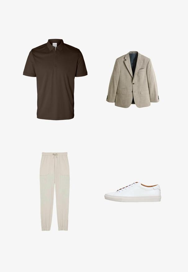 Next REGULAR FIT - SMART TEXTURED - Blejzrové sako - stone; Tmavohnedé polo tričko s krátkym rukávom, golierom a polovičným zipsom vpredu, zobrazené na bielom pozadí.; Svetlo béžové jogger nohavice vyrobené z mäkkej tkaniny, s elastickým pásom a šnúrkou na stiahnutie, bočnými vreckami a zúženými členkami.; Biela kožená teniska s textúrovanou gumovou podrážkou, okrúhlym prstom a kontrastným hnedom vnútrom. Má päť dierok na šnúrky a biele šnúrky.