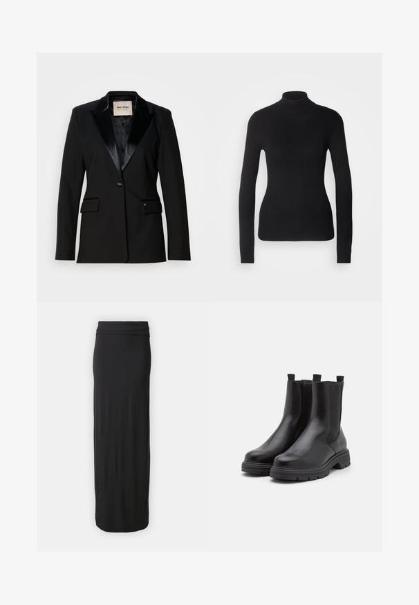 Blazer noir avec un revers en satin, fermeture à un bouton, deux poches à rabat, coupe élégante et texture lisse, fabriqué en tissu durable.; Pull à col roulé noir en maille légère. Il possède des manches longues, une coupe ajustée et une texture côtelée douce.; Jupe noire, longue jusqu'au sol, en tissu doux et extensible avec une taille ajustée. Design simple et lisse sans motifs ni embellissements.; Bottes de cheville en cuir noir avec panneaux élastiques sur les côtés, bout arrondi et semelle en caoutchouc épaisse. Équipées de languettes pour un enfilage facile.