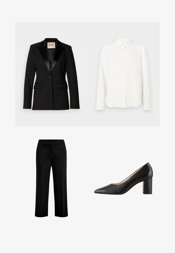 Sort blazer med satin revers, enkelt knaplukning, to klaplommer, slank skæring og glat tekstur, lavet af slidstærkt stof.; Hvid langærmet skjorte med krave og manchetter, enkel og stilren design, præsenteret på en hvid baggrund.; Sorte, brede bukser lavet af et glat stof med to forlommer og en flad talje. Skræddersyet design med en ren silhuet.; Högl RACHEL - Pumps - schwarz