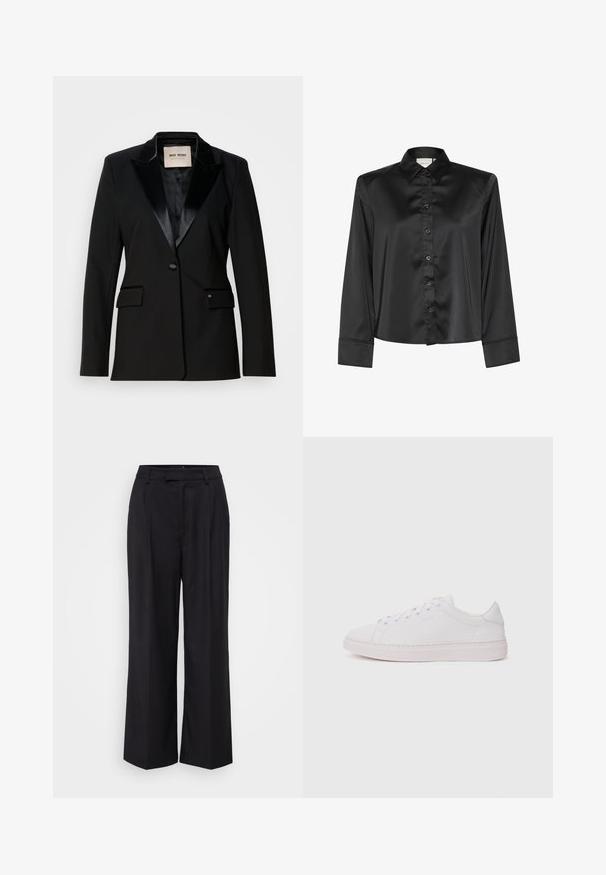 Sort blazer med satin revers, enkelt knaplukning, to klaplommer, slank skæring og glat tekstur, lavet af slidstærkt stof.; Sort satin skjorte med lange ærmer, klassisk krave, knapfront og manchetter. Glat tekstur med en blank overflade, skræddersyet pasform.; Sorte højtaljede bukser med vide ben, bæltestropper og frontfolder, præsenteret på en ensfarvet hvid baggrund.; Hvide sneakers med en glat læderoverdel, rund tå og flad gummisål. Har snørefunktion og et diskret logo på siden.