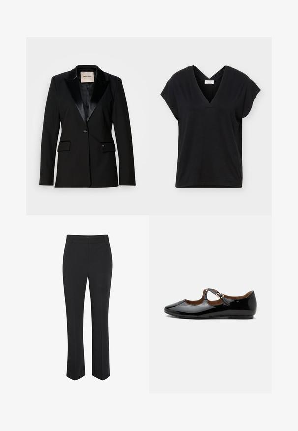 Blazer negro con solapa de satén, cierre de un solo botón, dos bolsillos con tapa, corte elegante y textura suave, fabricado con un tejido duradero.; Top negro de manga corta con cuello en V y tirantes cruzados en la espalda, confeccionado con tela suave, exhibido sobre un fondo claro y liso.; Pantalones negros a medida con diseño de pierna recta. Fabricados con tela suave, cuentan con una pretina de talle medio y una sutil arruga frontal.; Zapato plano Mary Jane de charol negro con dos recortes y una correa con hebilla dorada sobre fondo blanco.
