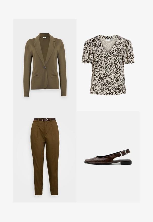 Blazer ajusté vert olive à manches longues, revers crantés, fermeture à simple bouton noir, et deux poches passepoilées à l'avant.; Blouse beige à manches courtes avec des pois noirs irréguliers, col en V, et boutons sur le devant, fabriquée par la marque VILA.; Pantalons marron ajustés en tissu lisse, avec des plis avant et une ceinture en cuir marron avec une boucle en argent. Design effilé élégant.; Chaussure plate slingback en cuir marron foncé avec bout carré, texture crocodile et boucle argentée sur la bride.