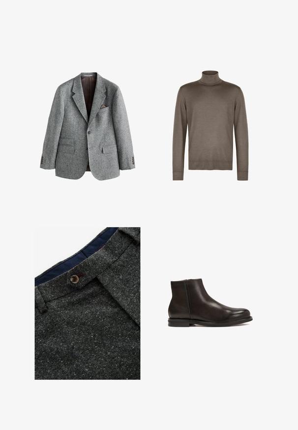 Grå uldblazer med en struktureret finish, notched revers, to forlommer og en brystlomme med en brun accent. Lukning med to knapper.; Brun turtleneck sweater lavet af glat stof, med en tætsiddende hals, lange ærmer og ribbede manchetter og kant.; Grå uldblandede bukser med en spottet tekstur. Har en spids talje, knaplukning og marineblå inderside.; Sort læder ankelstøvle med en glat tekstur, rund tå og lav hæl. Har en side lynlås for nem påtagning.