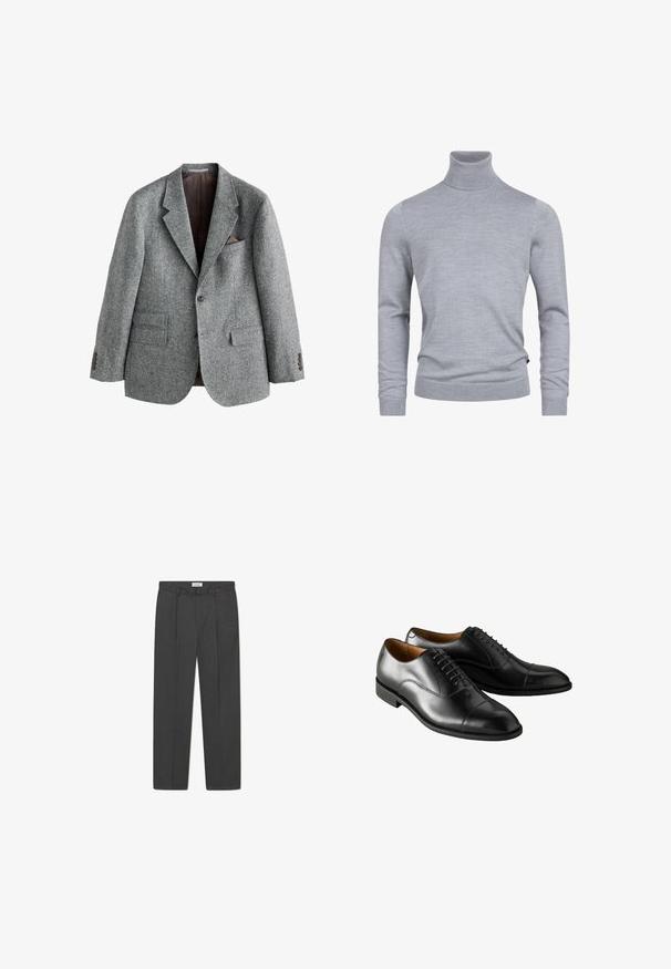 Grauer Wollblazer mit strukturierter Oberfläche, Revers mit Kerbkragen, zwei Fronttaschen und einer Brusttasche mit braunem Akzent. Zweiknopfverschluss.; Grauer Rollkragenpullover aus weichem Strickstoff. Mit langen Ärmeln und einer figurbetonten Passform, verfügt über gerippte Bündchen und Saum. Einfache, glatte Textur.; Graue maßgeschneiderte Hose mit dezentem Karomuster, strukturiertem Gewebe und vorderen Falten, ausgestattet mit einem Bund mit Gürtelschlaufen.; Schwarze Lederdressschuhe mit glatter Oberfläche, runder Zehenform und dekorativem Schnürsystem. Sie haben einen flachen Absatz und kontrastierende Nähte entlang der Sohle.