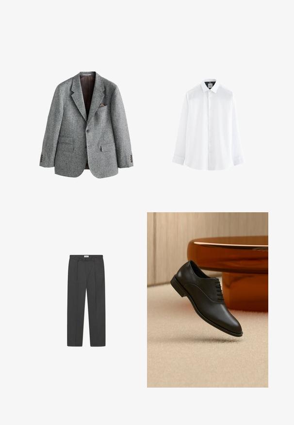 Blazer de lana gris con acabado texturizado, solapas con muesca, dos bolsillos frontales y un bolsillo en el pecho con un detalle marrón. Cierre de dos botones.; Camisa blanca de botón con cuello estándar, mangas largas y una textura suave. Presenta un interior con un patrón en el cuello.; Pantalones grises a medida con un sutil patrón de cuadro, tejido texturizado y pliegues delanteros, presentando una cinturilla con pasadores para cinturón.; Zapato de vestir negro de cuero pulido con cordones flotando sobre una alfombra beige, con una gran mesa de cristal redonda de color ámbar al fondo.