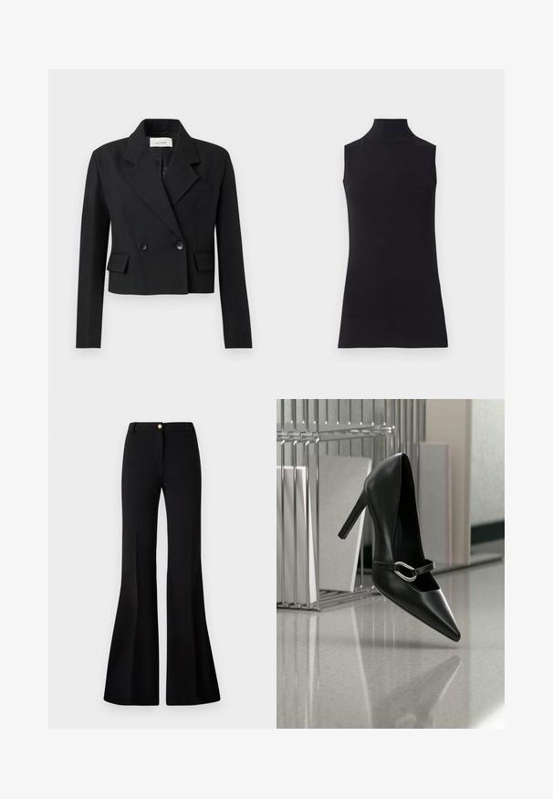 Beskarvet sort blazer med slagkrave, dobbeltradet knaplukning, to frontlommer og struktureret stof.; Sort ærmeløs turtleneck top, lavet af glat stof. Figurtilpasset design med høj hals og lige kant, minimalistisk og ensfarvet.; Sorte flagrende bukser lavet af glat stof, med en frontlukning med knap, bæltestropper og et rent, skræddersyet design.; Sort spids højhælet sko med en sølvspænde, placeret på en reflekterende overflade nær en metalfilorganisator med papirer.