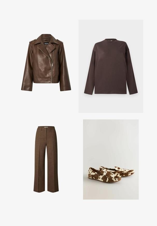 Veste de moto en cuir marron avec un col cranté, une fermeture éclair diagonale et des manches larges ornées d'épaulettes.; T-shirt à manches longues marron en matériau doux, avec un col rond et une coupe décontractée. Design simple, sans motifs ni accents visibles.; Pantalon marron à jambes droites avec passants de ceinture et pli devant, réalisé en tissu texturé.; Mocassins en imprimé vache faits d'un matériau doux avec un motif marron et blanc, dotés d'un design à enfiler et d'une semelle plate en caoutchouc.