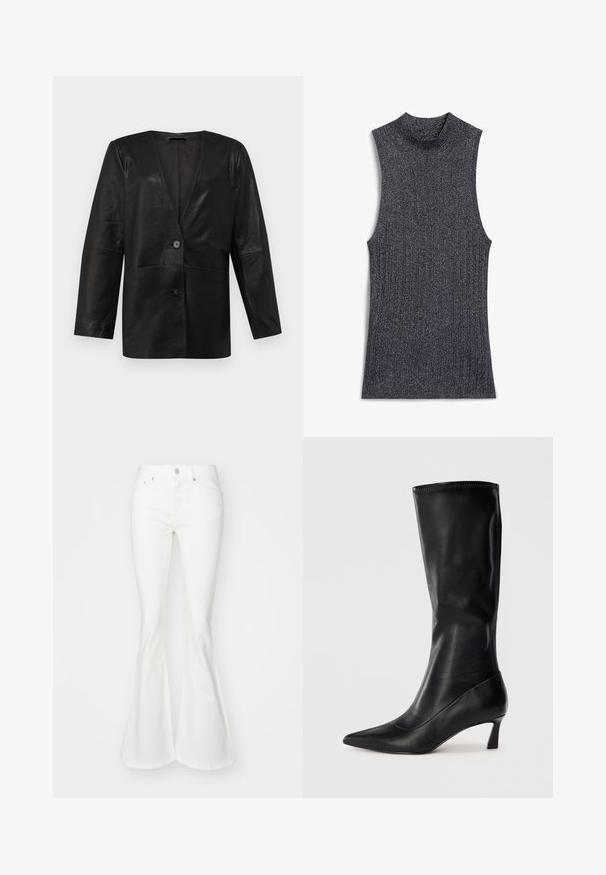 Selected SLFAMALIA - Nahkatakki - black; Hihaton, ribbed poolokaulustoppi tummanharmaana, jossa on kiiltävä tekstuuri. Mukana korkea kaulus ja avoimet sivut nykyaikaisen muotoilun saavuttamiseksi.; Valkoiset flare-farkut, joissa on sopiva vyötärö, viisi taskua ja hopeanvärinen nappikiinnitys. Luja pinta ja klassinen tyyli.; Musta nahkainen polvipituinen saapas, jossa on terävä yksityiskohta ja kohtuullinen korko. Suuri tekstuuri ja sulava muotoilu hienovaraisilla saumoilla.