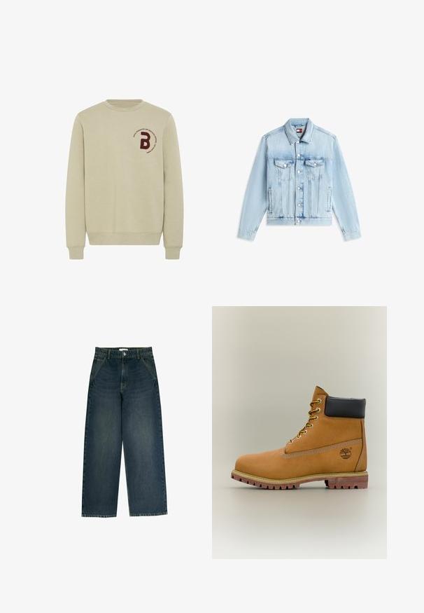 Lyseblå denimjakke med knapper foran, to brystlommer med klapper og knapper, sidelommer og en klassisk krave.; Beige sweatshirt med rund halsudskæring, lange ærmer og ribbede manchetter. Har et bordureret marsal- rødt bogstav 'B' og en cirkulær tekstdetalje.; Mørkeblå cowboybukser med vide ben, lukning med knapper foran, bæltestropper og to forlommer, vist på en hvid baggrund.; Brun læderankelstøvle med sort krave, gule snørebånd og tanfarvet sål. Har logo og hvide syninger som detalje. Robust ydersål med greb.