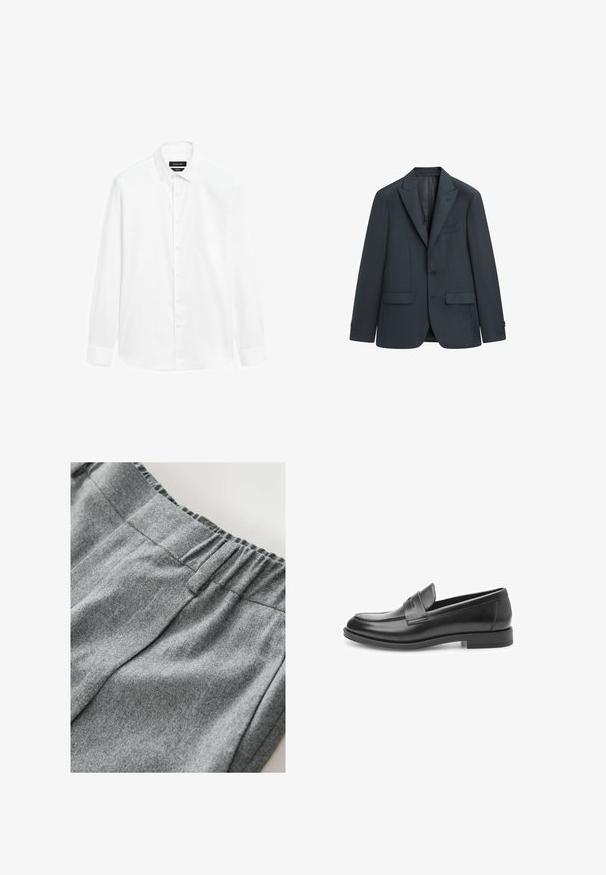 Mørkegrå, enkeltknappet herreblazer med notch revers, enkelt knaplukning, forlommer med klap og brystlomme.; Hvid skjorte med button-down krave, lange ærmer og front knaplukning. Stoffet fremstår glat med en let glans.; Grå sweatshirt-stof med en blød tekstur, der har en elastisk talje og subtile syninger. Nærbillede af materialet.; Sorte læder loafers med en glat finish, rund tå og et dekorativt bånd tværs over forsiden. Flad gummisål, klassisk design.