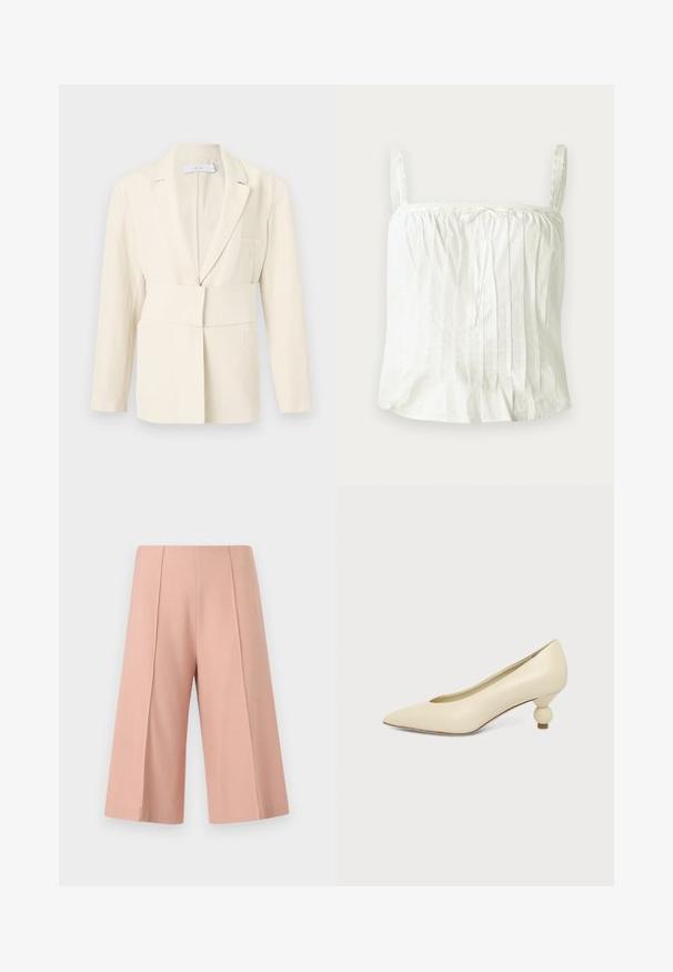 Veste tailleur couleur crème avec une large ceinture en tissu, un col à revers crantés et des manches longues, présentée sur un fond uni.; Haut blanc sans manches avec bretelles fines, présentant une texture plissée et des accents en dentelle le long de l'encolure. Tissu en coton léger.; AERON PEN - Short - mottled pink; Chaussure femme couleur crème à bout pointu avec un petit talon rond en forme de boule, sur fond uni.