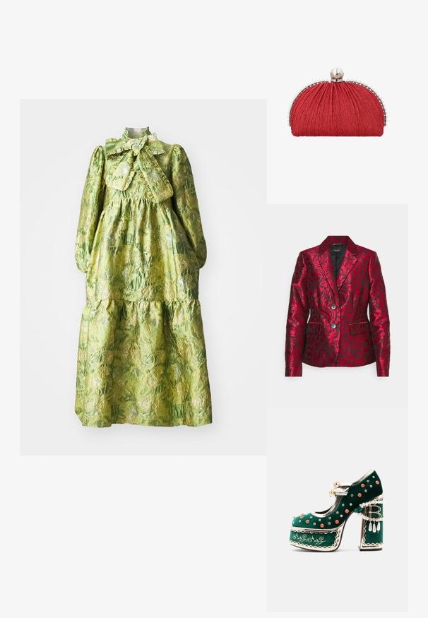 Roter Blazer aus Satin mit einem strukturierten floralen Design, ausgestattet mit einem Reverskragen, zwei Knöpfen und Seitentaschen. Schwarze Innenausstattung.; Grünes Kleid mit langen Ärmeln, hohem Kragen, gestuftem Design und strukturiertem Blumenmuster. Enthält eine große Schleife am Hals.; Grüner Samtplattformschuh mit dekorativen roten und silbernen Nieten, Perlenriemen, goldener Einfassung, Stickerei und einem Blockabsatz mit baumelnden Perlen und einem "B"-Charm.; Rote Stoff-Clutch mit geraffter Textur, silberner Einfassung verziert mit kleinen Perlen und einem großen Perlenverschluss oben.