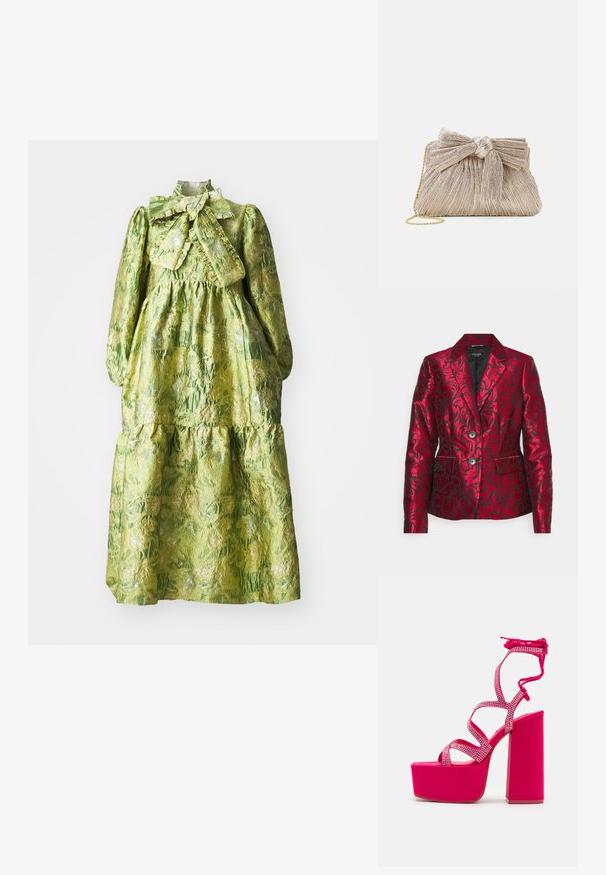 Rød mønstret blazer lavet af satin med en struktureret blomsterdesign, der har en krave med notch, to knapper og sidelommer. Sort foring.; Grøn langærmet kjole med høj krave, lagdelt design og en tekstureret blomstermønster. Indeholder en stor sløjfe ved halsudskæringen.; Steve Madden CHAMPAGNE - Plateausandaler - pink; Metallic guld clutch taske med plisseret stof, der har en sløjfedetalje øverst og en gylden kædetras for alsidighed og nem bæring.
