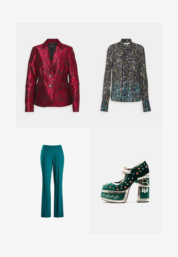 Rød mønstret blazer lavet af satin med en struktureret blomsterdesign, der har en krave med notch, to knapper og sidelommer. Sort foring.; Patrizia Pepe CAMICIA - Skjortebluser - dark multicolor; Teal vide bukser med en glat tekstur, tætsiddende talje og frontfolder, designet til en flydende silhuet, lavet af letvægtsstof.; Grøn fløjlsplatformsko med dekorative røde og sølvnitter, perleseler, guldkant, broderi og en blokhæl med dinglende perler og en "B"-vedhæng.