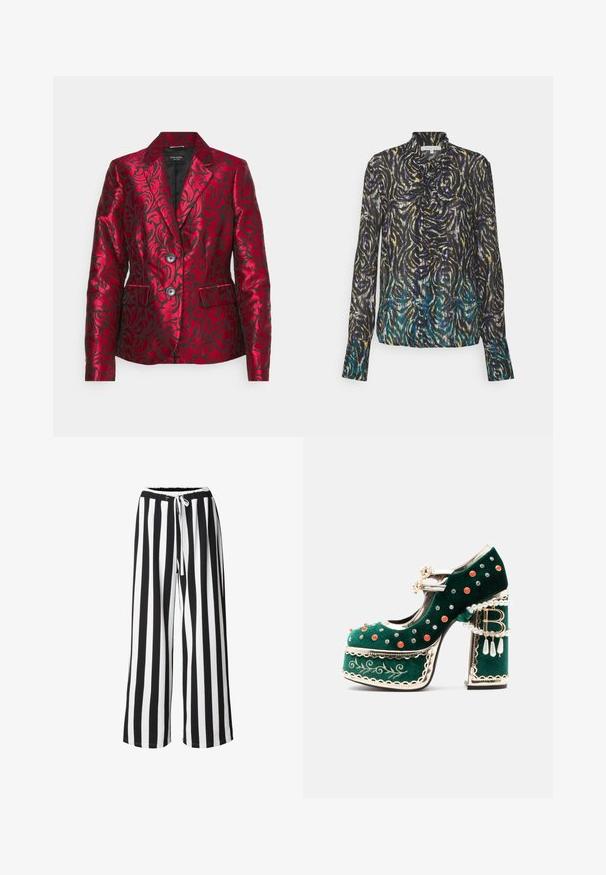 Blazer rouge à motifs fabriqué en satin avec un design floral texturé, doté d'un col à revers, de deux boutons et de poches latérales. Doublure noire.; Patrizia Pepe CAMICIA - Chemisier - dark multicolor; Pantalon à jambes larges avec des rayures verticales noires et blanches et un cordon blanc à la taille élastique.; Chaussure à plateforme en velours vert avec des clous décoratifs rouges et argentés, des brides en perles, une bordure dorée, une broderie et un talon bloc avec des perles pendantes et un charme "B".