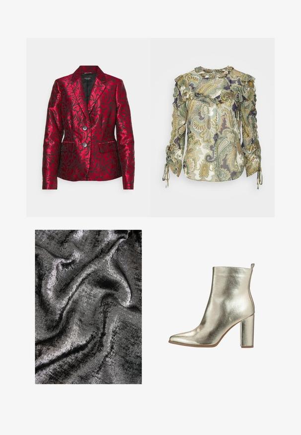 Rød mønstret blazer lavet af satin med en struktureret blomsterdesign, der har en krave med notch, to knapper og sidelommer. Sort foring.; Veronica Beard HOWELL BLOUSE - Bluse - green; Sort og sølv struktureret stof med en glitrende finish, der har glatte, flydende bølger og en subtil glans.; Metallic guld ankelstøvle med spids tå, glat tekstur og en chunky høj hæl. Har en løkke bagpå for nem påtagning.