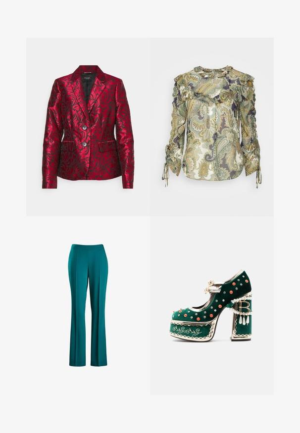 Rød mønstret blazer lavet af satin med en struktureret blomsterdesign, der har en krave med notch, to knapper og sidelommer. Sort foring.; Veronica Beard HOWELL BLOUSE - Bluse - green; Teal vide bukser med en glat tekstur, tætsiddende talje og frontfolder, designet til en flydende silhuet, lavet af letvægtsstof.; Grøn fløjlsplatformsko med dekorative røde og sølvnitter, perleseler, guldkant, broderi og en blokhæl med dinglende perler og en "B"-vedhæng.