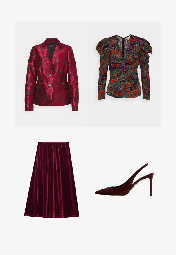 Blazer rouge à motifs fabriqué en satin avec un design floral texturé, doté d'un col à revers, de deux boutons et de poches latérales. Doublure noire.; Veronica Beard SIMMONS - Blouse - flame red multi; Jupe en velours d'un profond bourgogne, avec une texture lisse, un design de longueur complète et une taille élastique pour le confort. Pas de fermetures visibles.; Mule en suede rouge foncé avec un bout pointu et un talon aiguille, vue de côté sur un fond blanc.