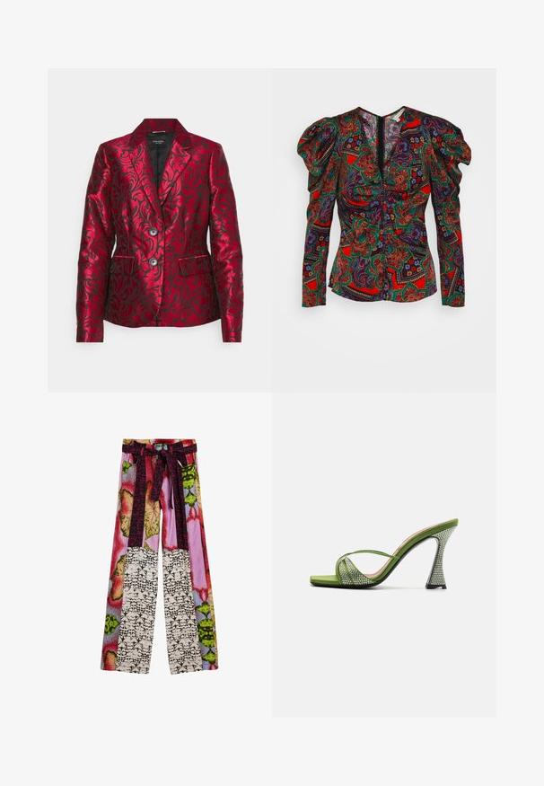 Rød mønstret blazer lavet af satin med en struktureret blomsterdesign, der har en krave med notch, to knapper og sidelommer. Sort foring.; Veronica Beard SIMMONS - Bluse - flame red multi; Bukser med vide ben og et farverigt lapværk af blomster- og abstrakte print samt et matchende stofbælte bundet om livet.; Grønne satin åben tå sandal med krydsspunne stropper, pyntet med rhinsten. Har en høj, arkitektonisk hæl med en struktureret overflade.