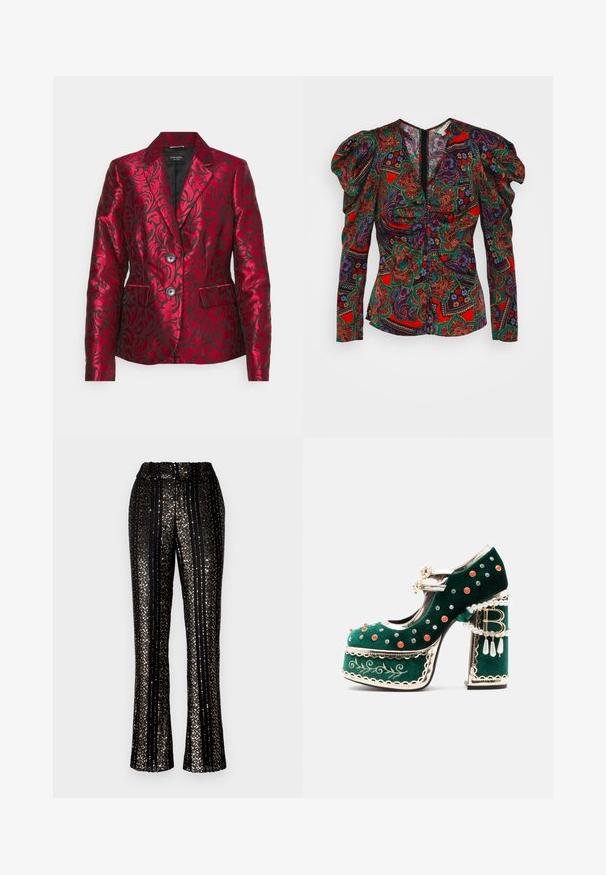 Blazer rojo con patrón de satén y diseño floral texturizado, con solapas de pico, dos botones y bolsillos laterales. Forro negro.; Veronica Beard SIMMONS - Blusa - flame red multi; Pantalones negros con lentejuelas que presentan rayas verticales, cinturilla elástica y pantalones acampanados con acentos brillantes en toda la superficie.; Zapato de plataforma de terciopelo verde con tachuelas decorativas rojas y plateadas, tiras de perlas, ribete dorado, bordado y un tacón de bloque con perlas colgantes y un colgante "B".